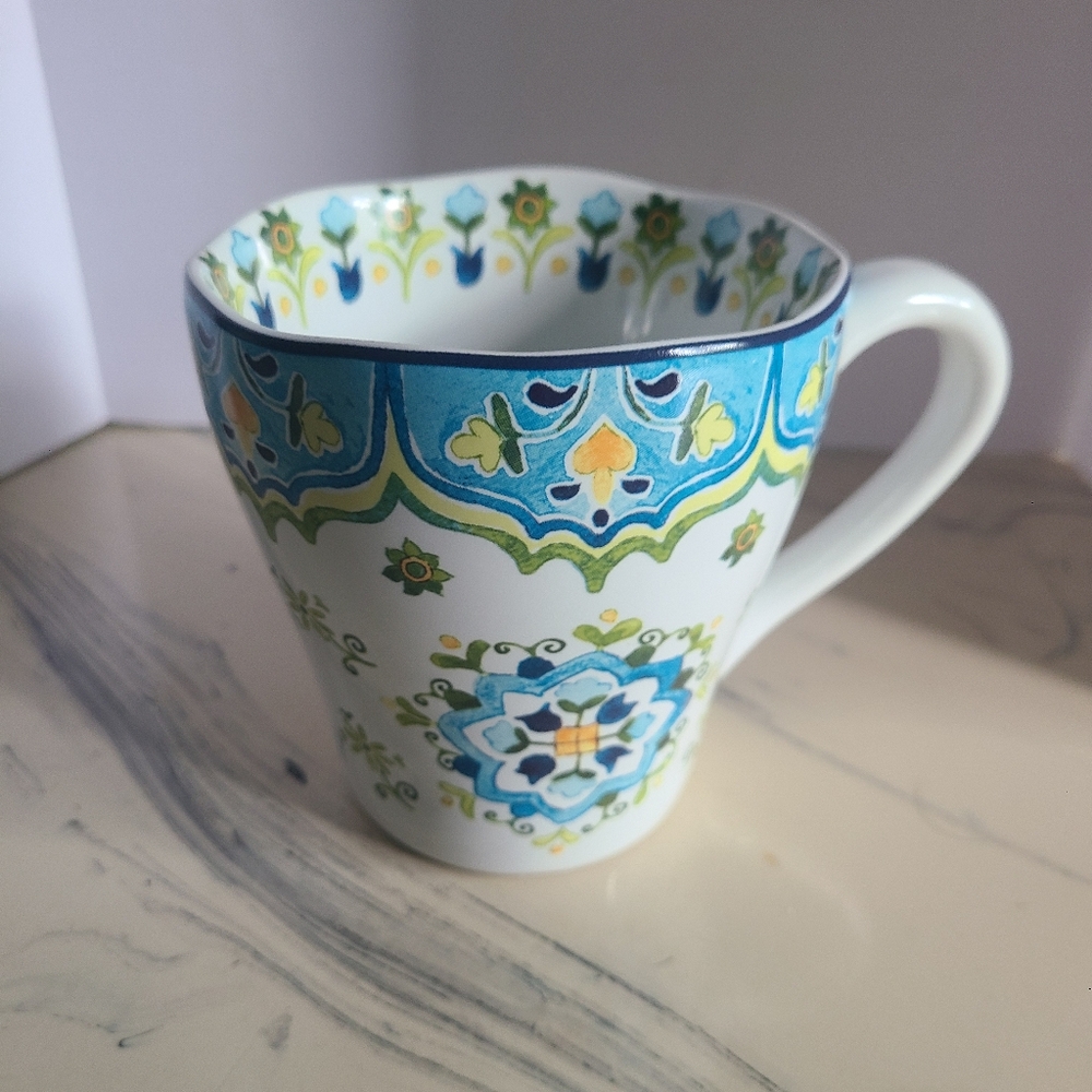 Pier 1 Import Blue Print Scallop Lip Edge Ceramic Mug with Floral Patterns